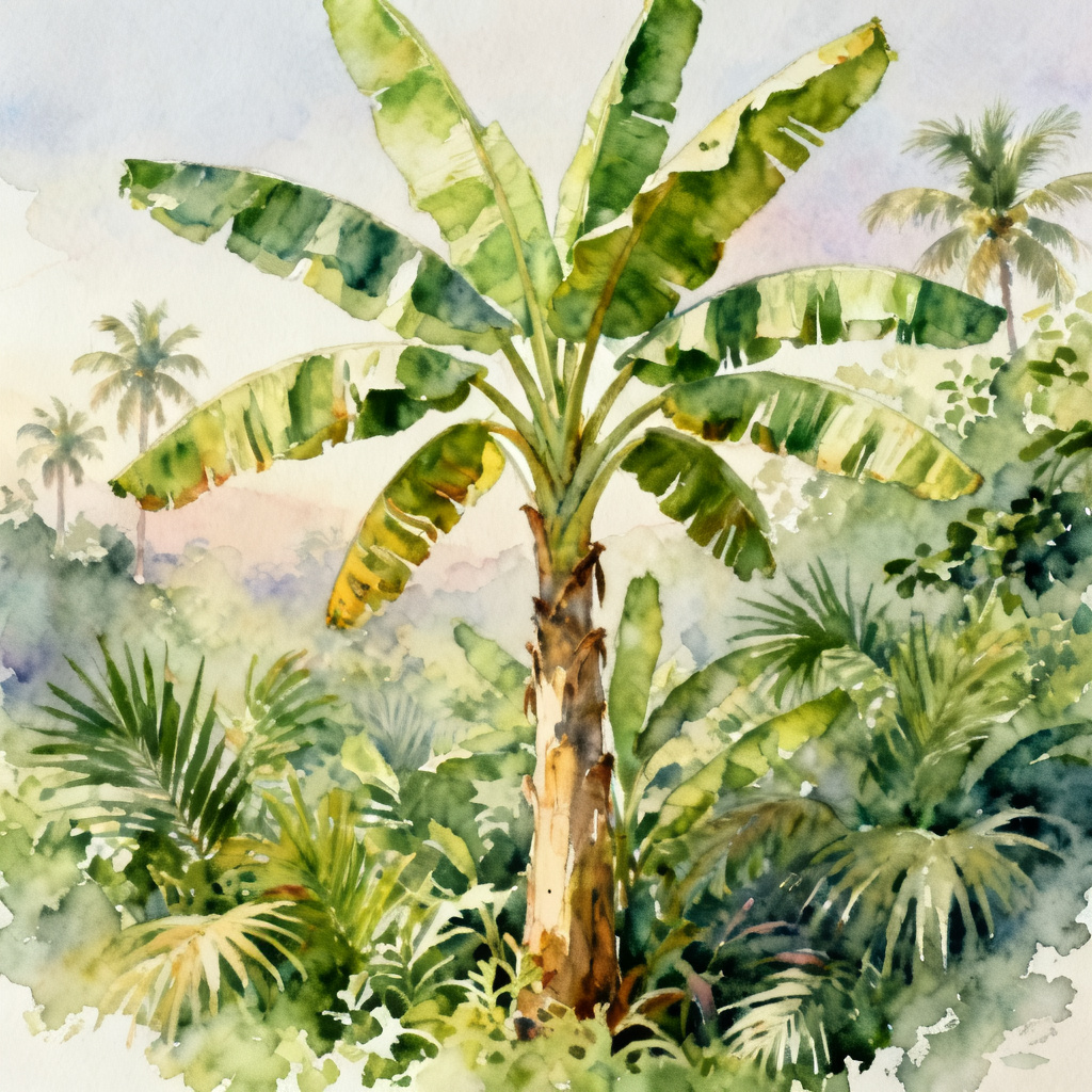 A watercolor painting of a banana tree in a tropical jungle, with soft pastel colors.
