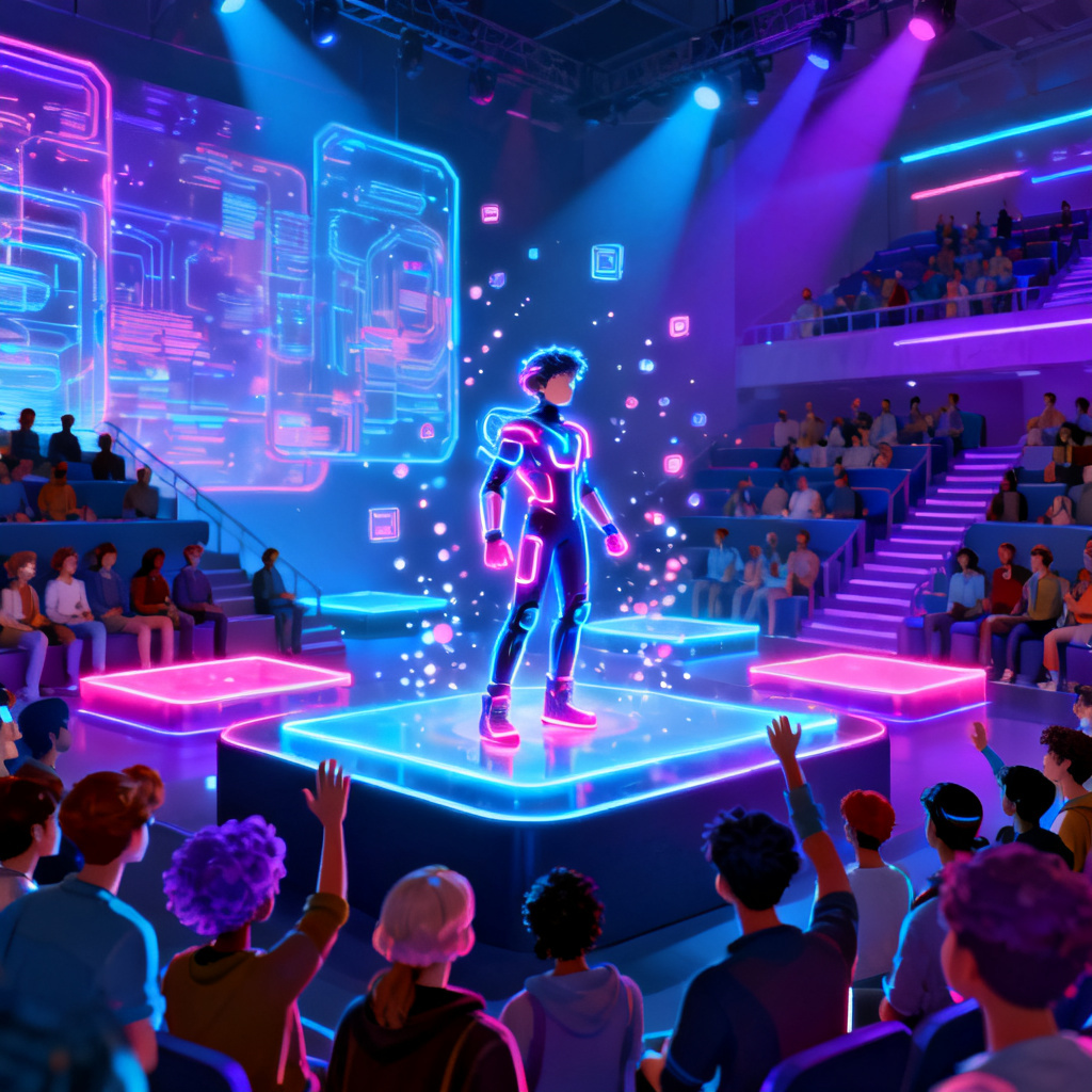 A digital avatar presenting on a virtual stage, with audience watching