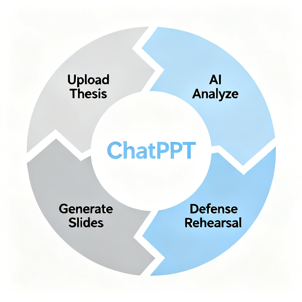A circular diagram showing four stages: upload thesis, AI analyze, generate slides, defense rehearsal, with ChatPPT logo in center, clean professional style