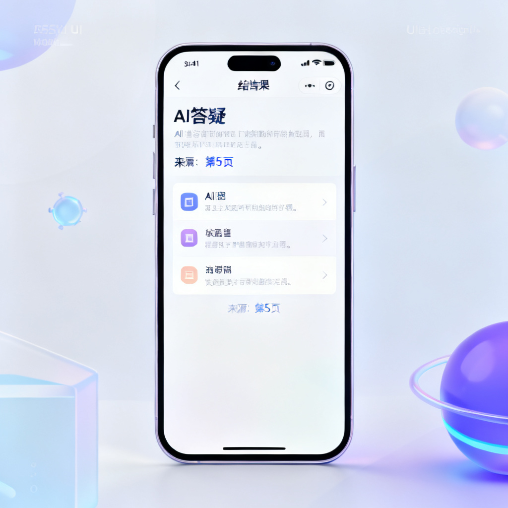 用户手机界面显示AI答疑结果,答案下方有“来源:第5页”的标注,风格移动UI设计,清晰简洁