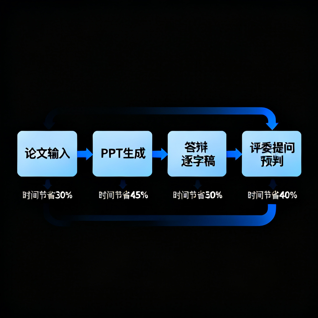 一个流程图，展示ChatPPT从论文输入到PPT生成、再到答辩逐字稿与评委提问预判的全链路闭环，每个环节标注时间节省百分比