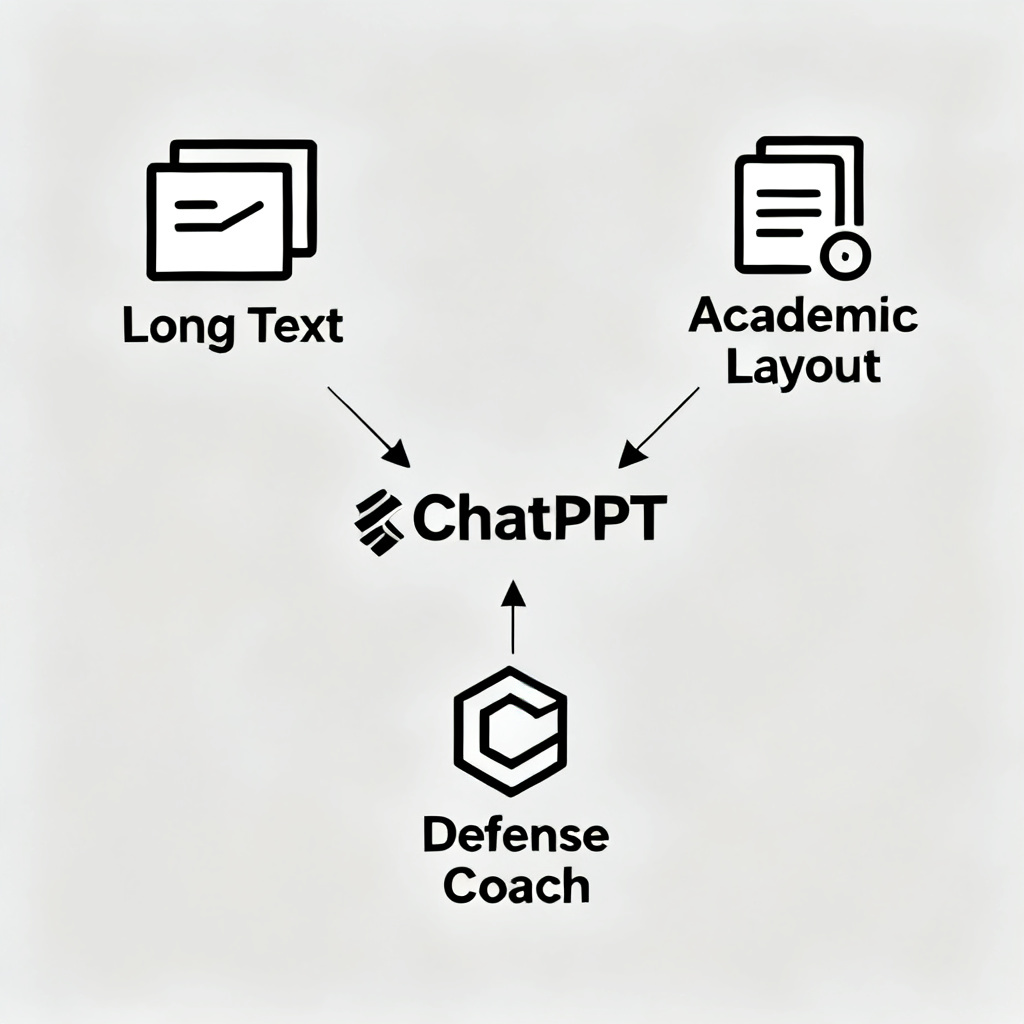 An infographic with three icons: 'Long Text', 'Academic Layout', 'Defense Coach', connected by arrows to a central logo 'ChatPPT', minimalistic design.