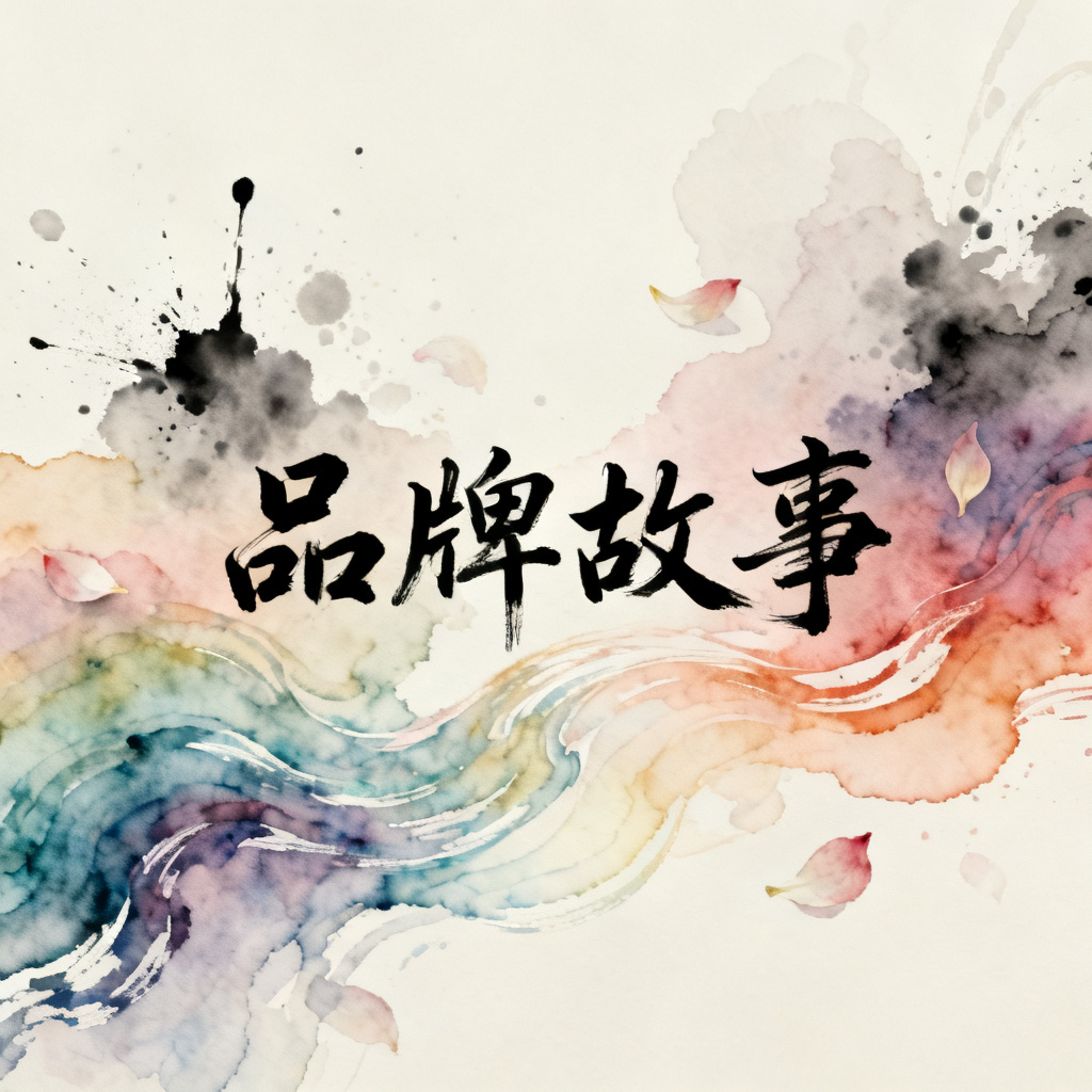 梦幻水彩风品牌故事页，渐变色彩如水流般扩散，文字以手写书法体融入画面，背景有淡淡的墨迹与花瓣，整体柔美文艺