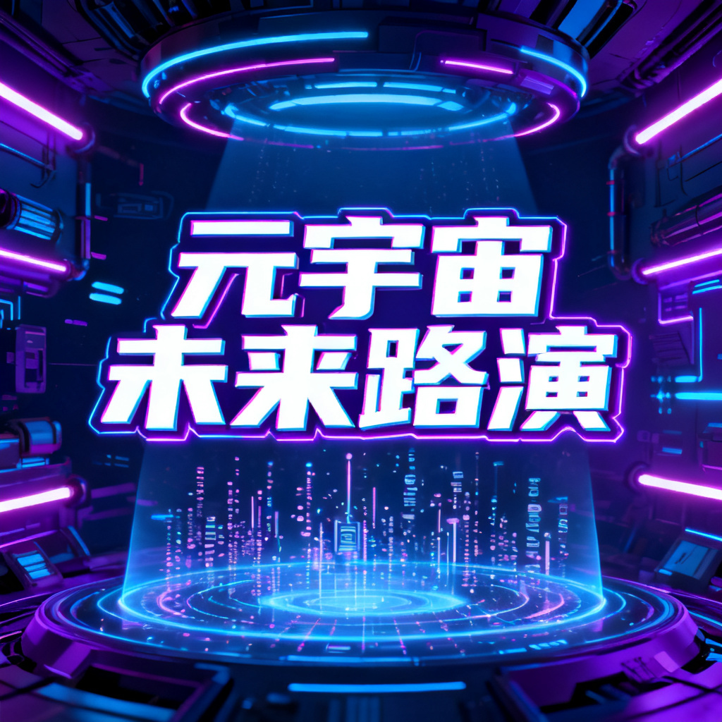 赛博朋克风格的元宇宙路演PPT封面，霓虹灯管与全息投影元素，深蓝色与紫色色调，高对比度，未来感字体