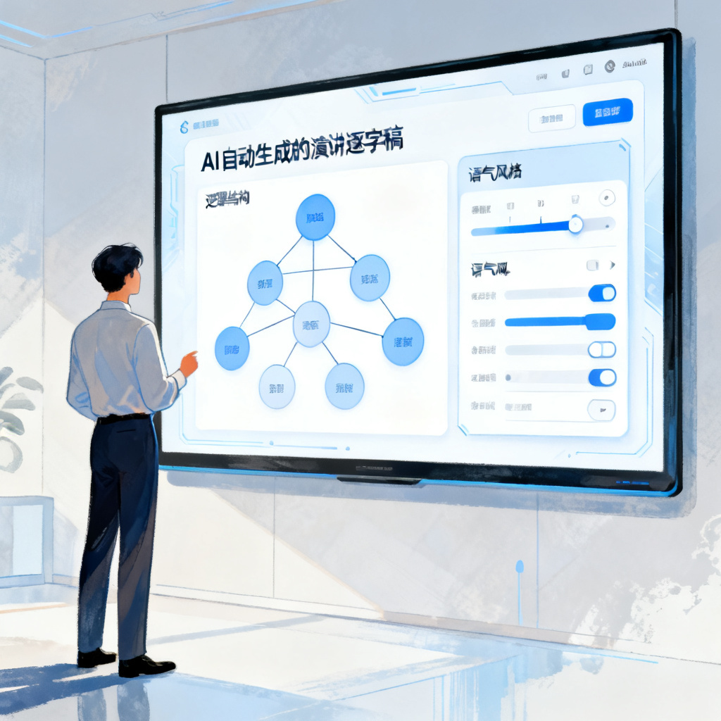 现代商务人士站在大屏幕前，屏幕上显示由AI自动生成的演讲逐字稿，左侧有逻辑结构树，右侧有语气风格调节面板，界面风格简洁科技感，浅蓝与白色为主色调，8k分辨率，使用数字绘画风格