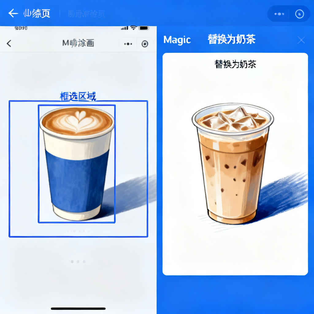 一个演示页面编辑界面,左侧为原始页面(包含一个咖啡杯),右侧为Magic涂画后的结果(咖啡杯被替换为奶茶杯),画面显示“框选区域”的蓝色框线,以及“替换为奶茶”的文字指令,奶茶杯的阴影与光影与原图完美融合。