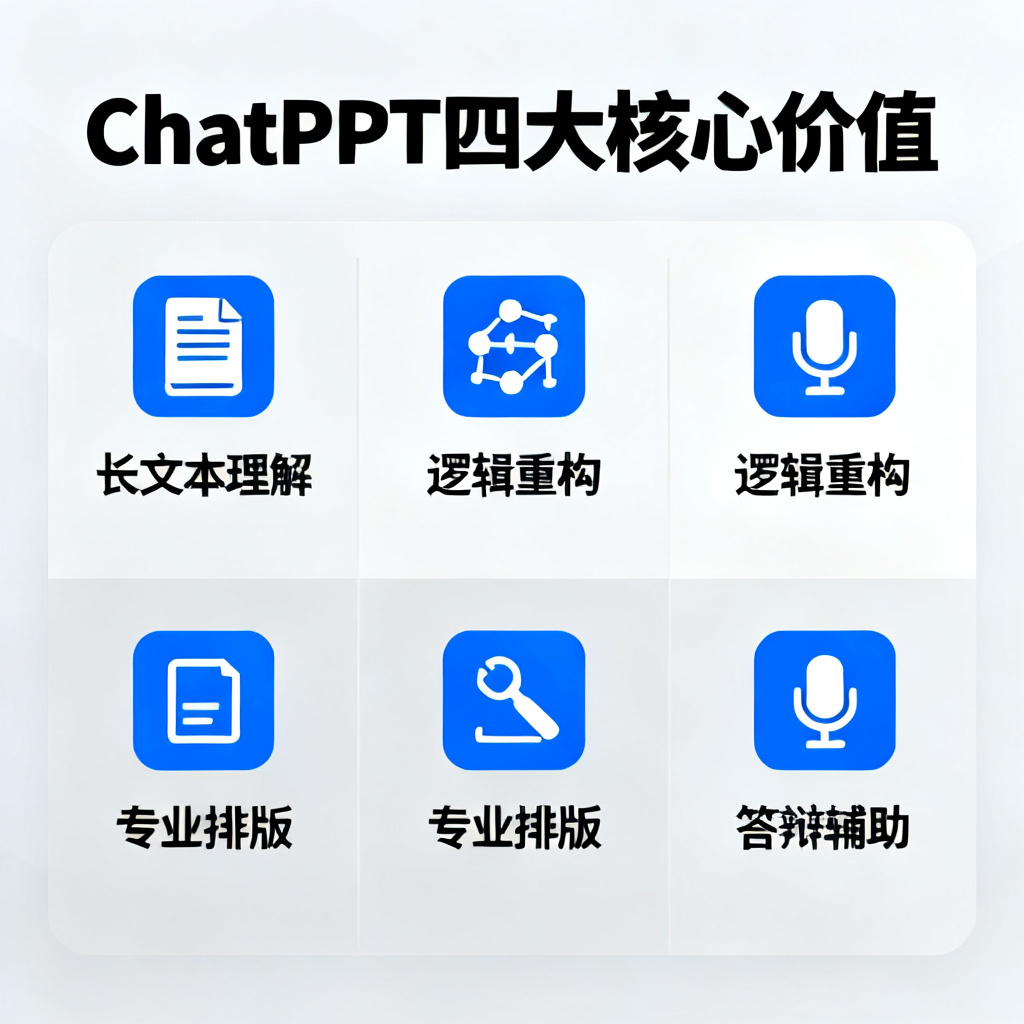 一张信息图，展示ChatPPT的四大核心价值：长文本理解、逻辑重构、专业排版、答辩辅助，每个价值点配一个图标，整体设计简洁专业