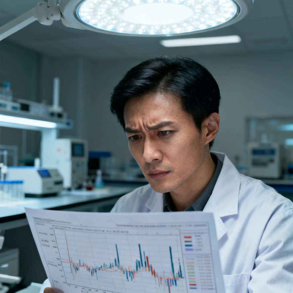 科研人员面对复杂数据图表时从焦虑到专注的表情变化，写实风格，柔和顶光，背景为实验室环境