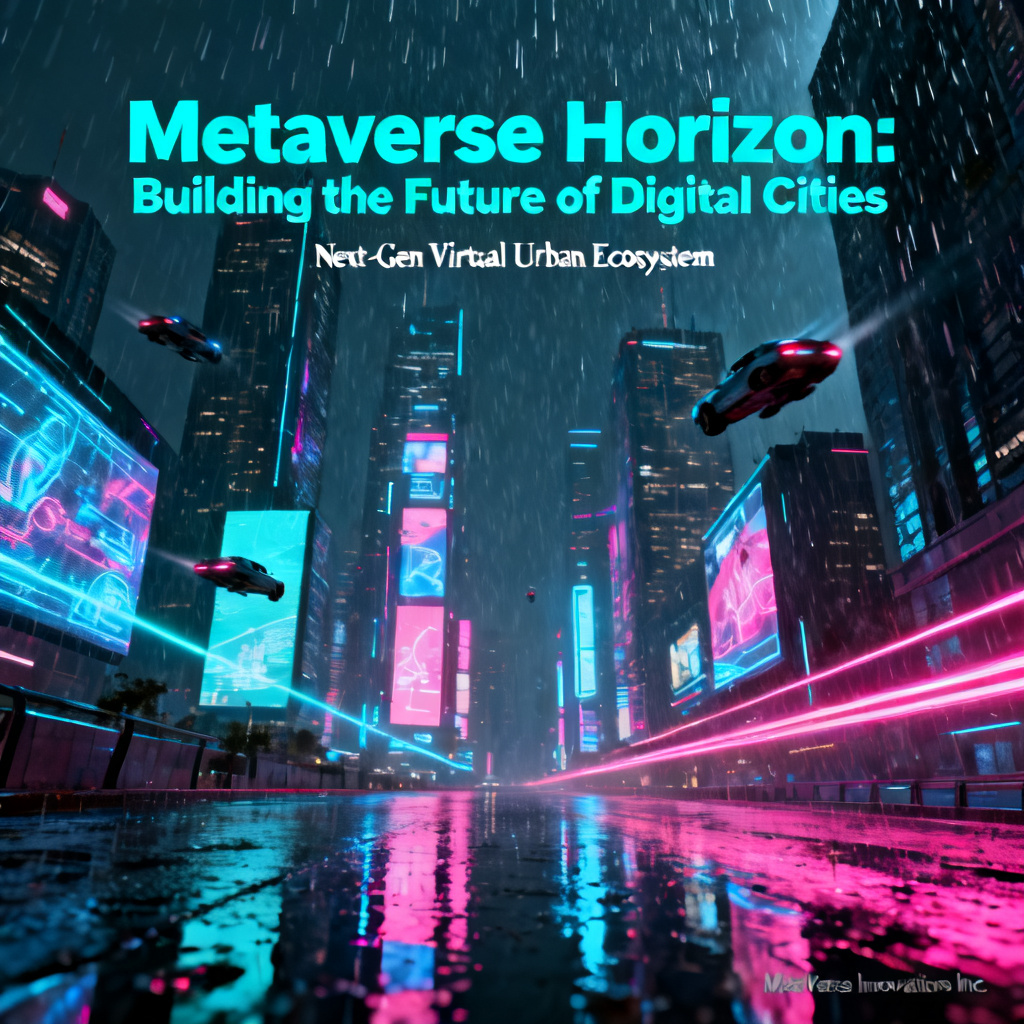 A futuristic cyberpunk cityscape with neon lights and rain, rendered in 3D style, for a pitch deck about metaverse startups