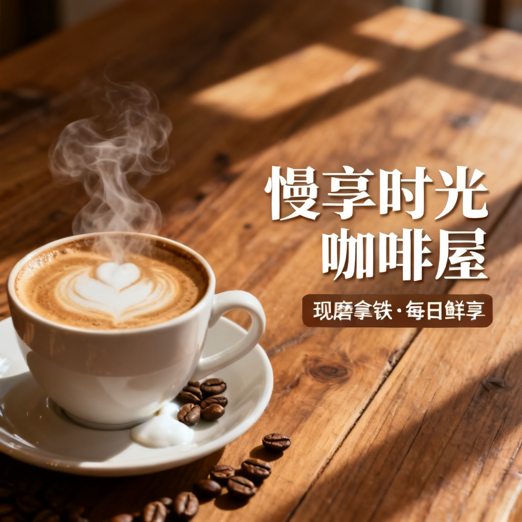 一张咖啡店宣传 PPT 页面，左侧是一杯热气腾腾的拿铁咖啡，咖啡杯旁有咖啡豆和奶泡细节，右侧为文字区域，整体风格为暖色调，木质背景，光影自然。