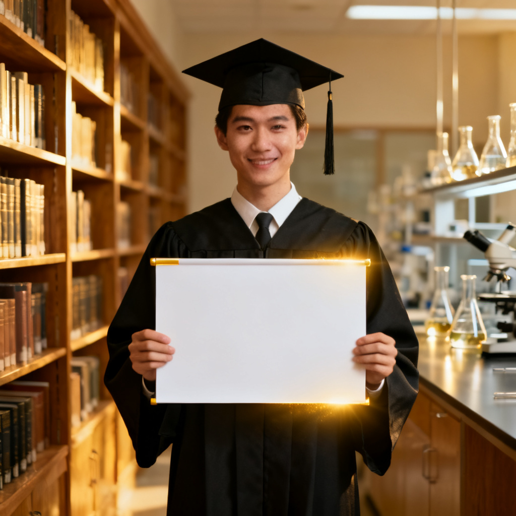 A graduate in cap and gown holding a perfect presentation slide, with a subtle glow effect. Background shows a library or research lab. Photorealistic.