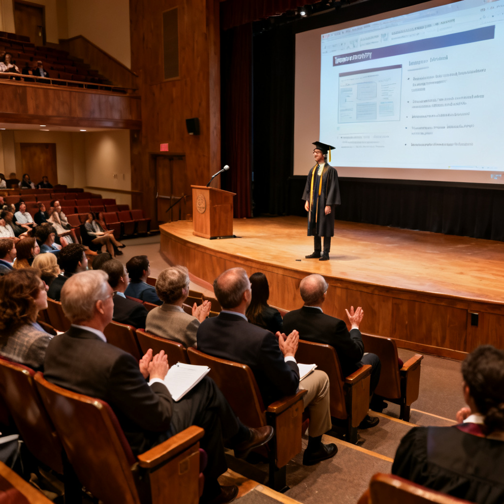 A university auditorium filled with faculty and students, a graduate student confidently presenting a PPT on a large screen, the defense committee members nodding approvingly, warm lighting, realistic style