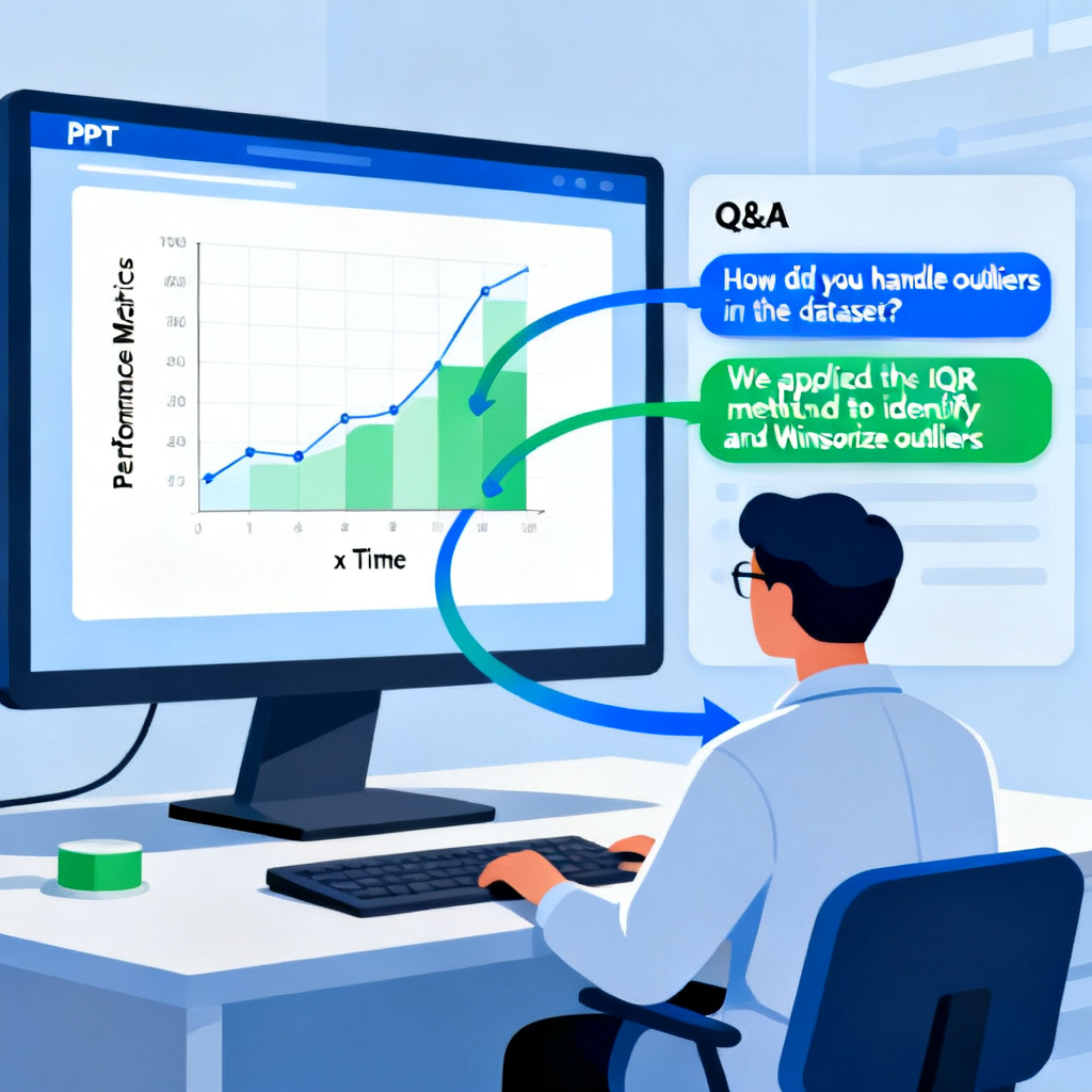 A visual representation of a researcher using ChatPPT's "Q&A Prep" feature. On the left side of the screen, a PPT slide shows a data chart; on the right, a panel displays potential committee questions (e.g., "How did you handle outliers in the dataset?") and suggested answers, with speech bubbles connecting the slide to the Q&A panel.