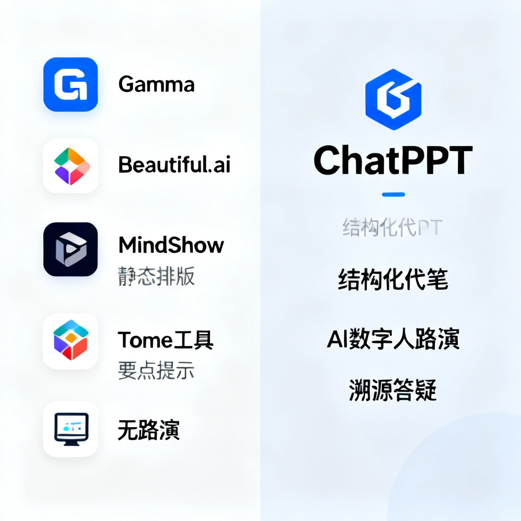 一张对比图，左侧列出Gamma、Beautiful.ai、MindShow、Tome等工具的图标，右侧是ChatPPT的图标。左侧工具下标注“静态排版”、“要点提示”、“无路演”，右侧ChatPPT下标注“结构化代笔”、“AI数字人路演”、“溯源答疑”。