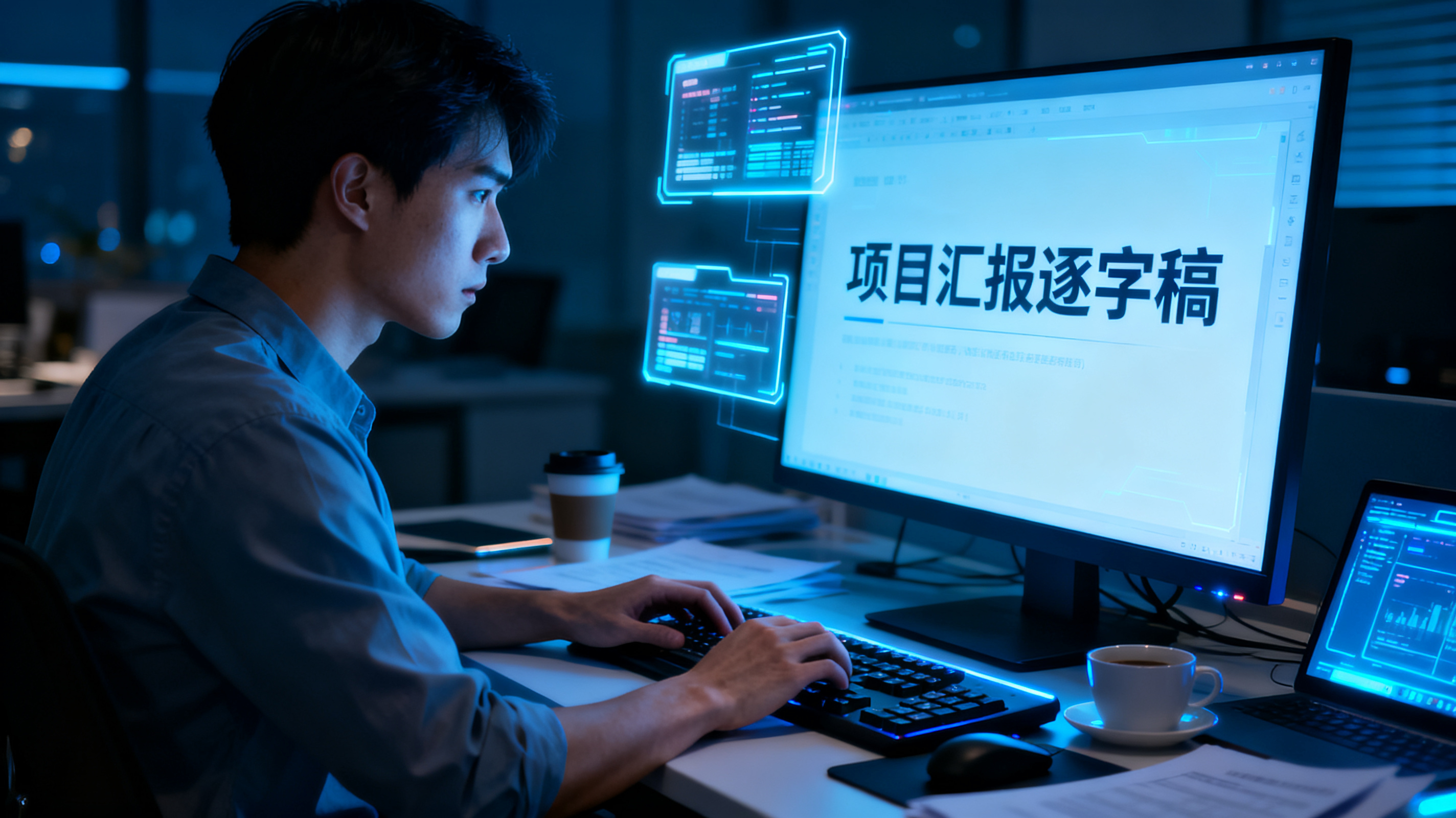 凌晨办公室,年轻职场人面对发光的 PPT 屏幕,焦虑地修改逐字稿,画面有未来科技感