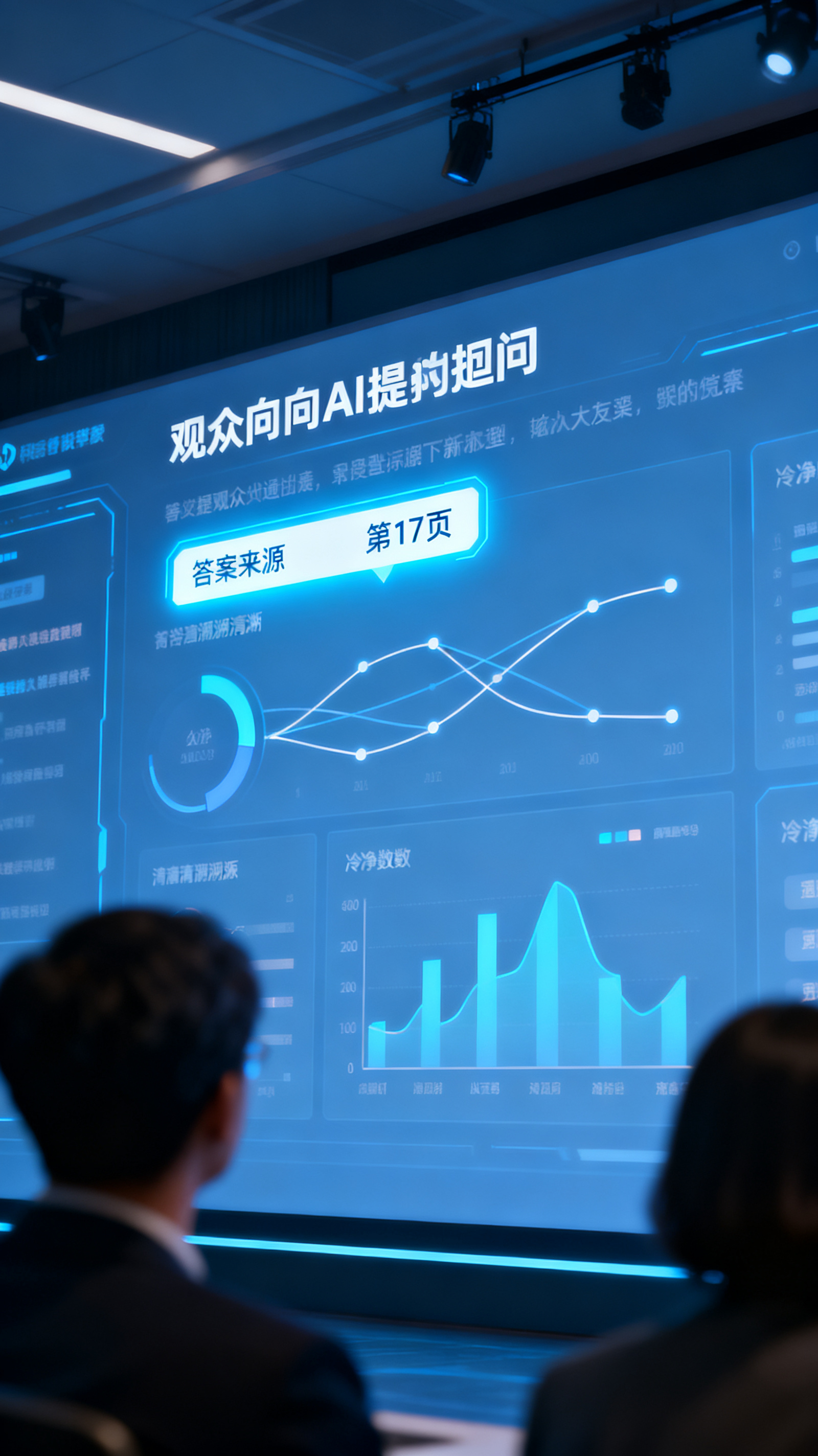 观众向 AI 提问，界面高亮显示答案出自第 17 页，溯源连线与数据可视化清晰呈现，冷静理性的科技风格