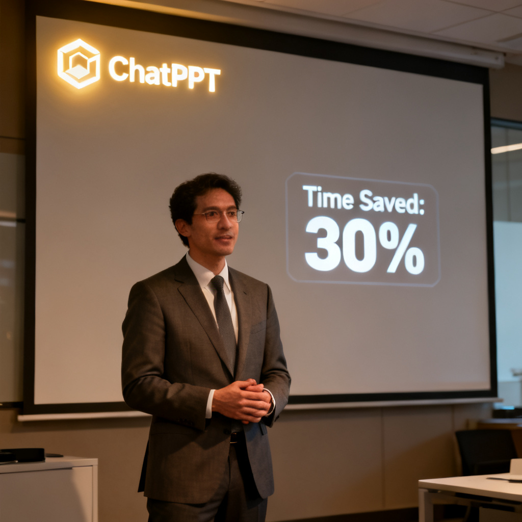 A researcher standing confidently in front of a presentation screen, with a glowing "ChatPPT" logo in the corner and a clock showing time saved.