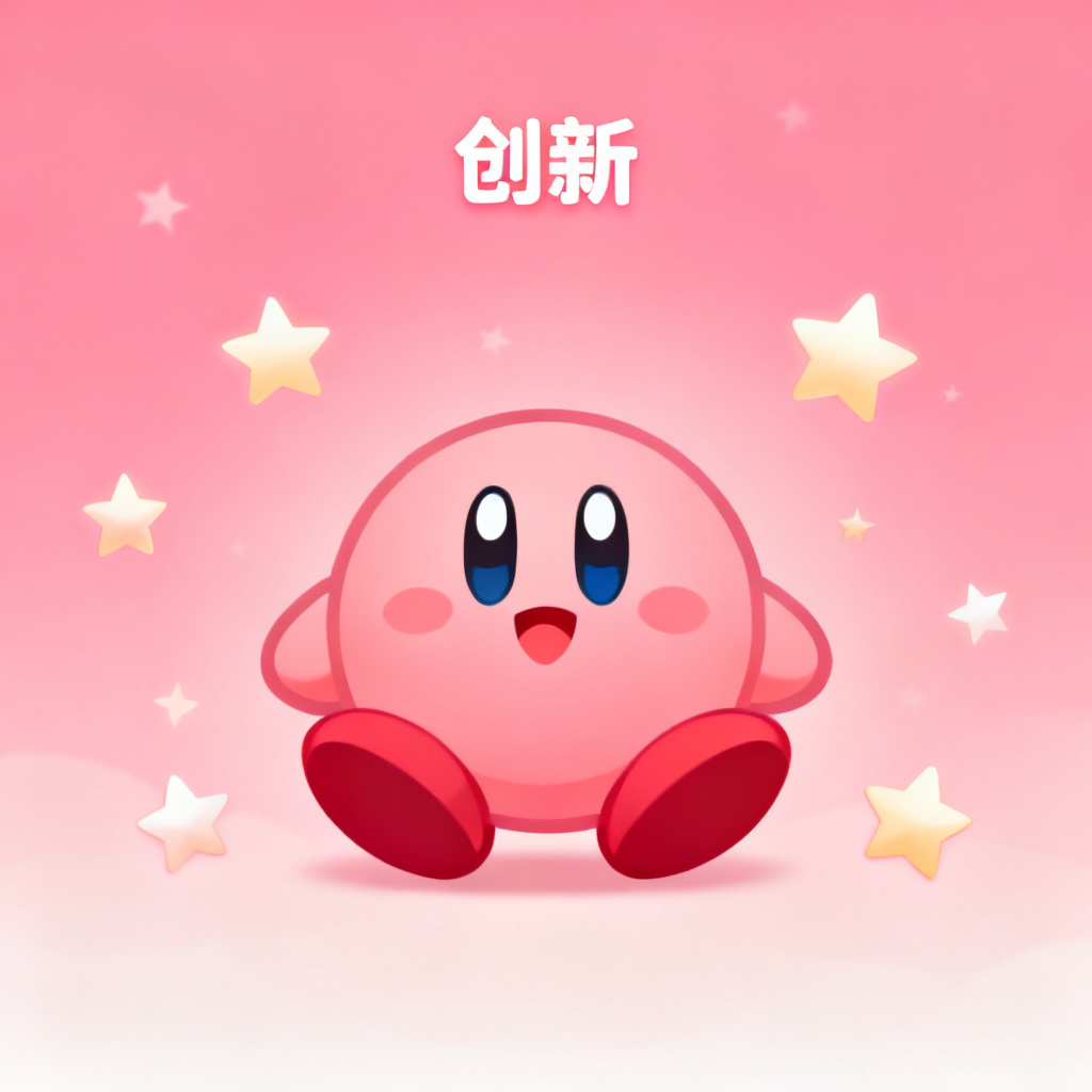 星之卡比风格的PPT过渡页,粉红色调,卡比角色,柔和的渐变背景,配有“创新”字样,周围漂浮着星星