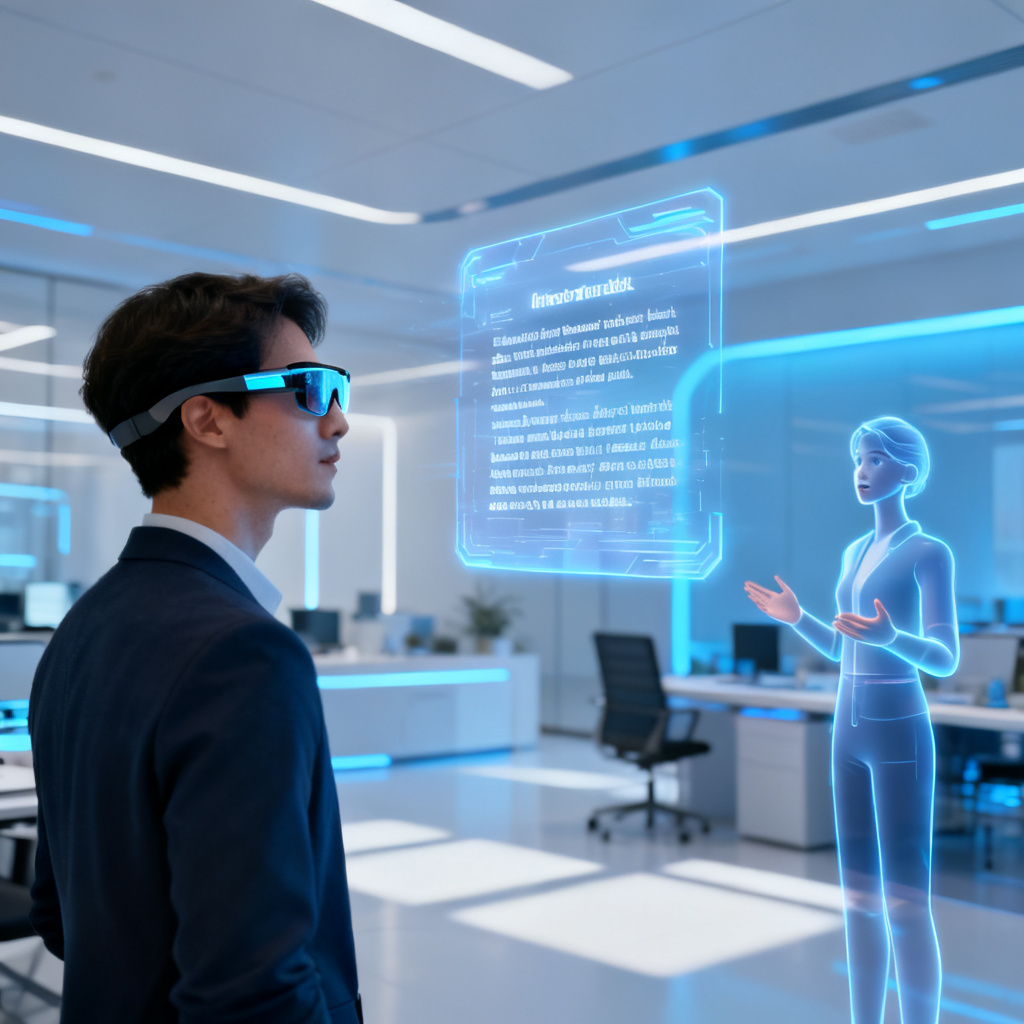 A person wearing smart glasses, seeing a presentation script floating in the air, with a digital avatar speaking on the side, futuristic office environment, photorealistic.