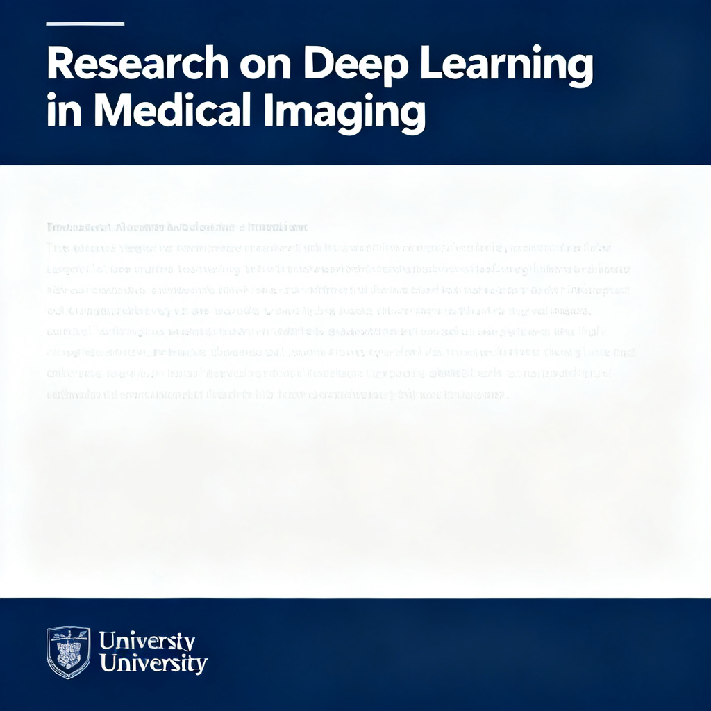 A professional-looking slide template designed for an academic thesis defense. The slide has a title "Research on Deep Learning in Medical Imaging," a clean layout with a header, a body section for text, and a footer for the university logo. The color scheme is dark blue and white. Style: presentation slide, formal, academic, minimalistic.