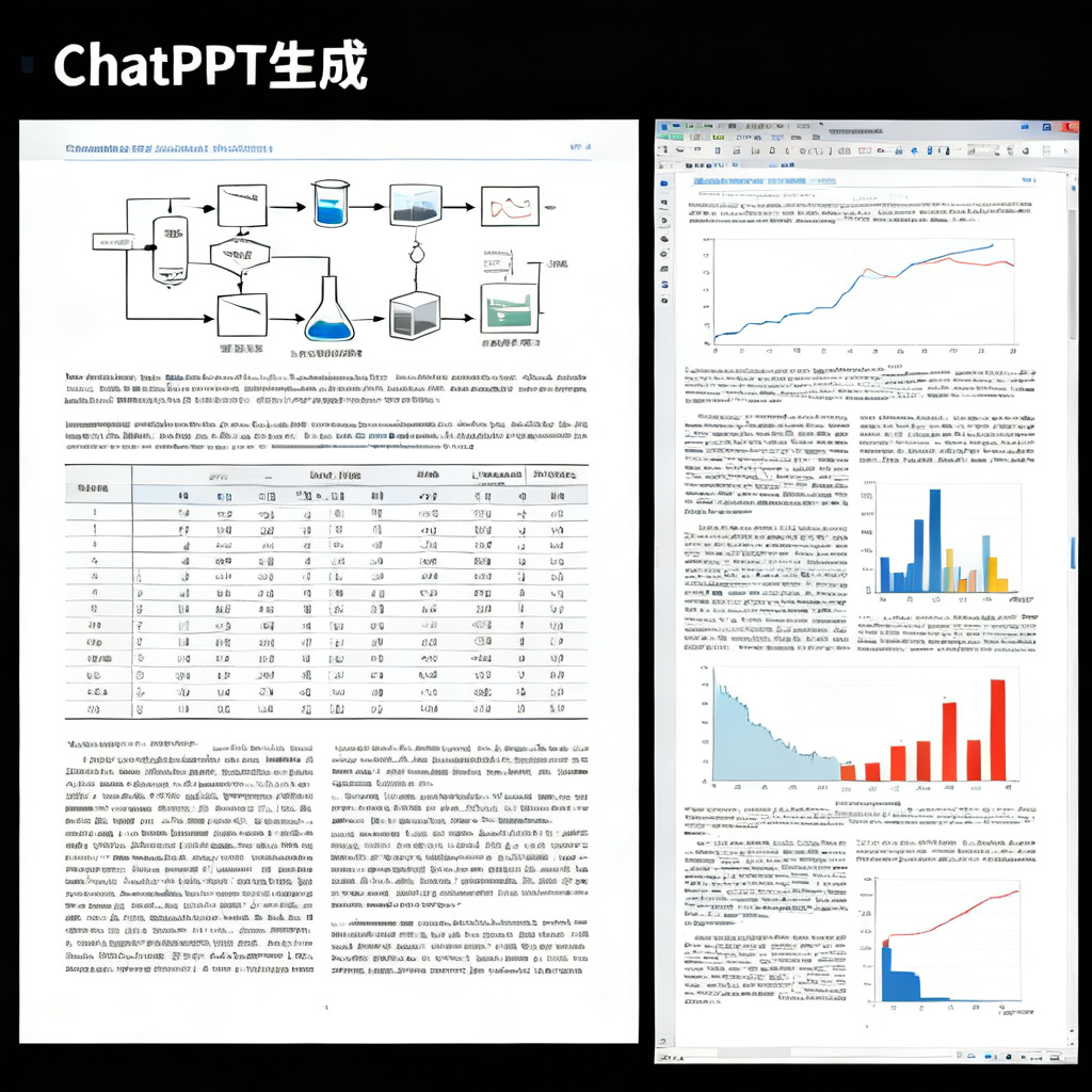 学术排版对比图，左侧为ChatPPT生成的论文PPT页面，包含实验流程图与数据对比表，排版整齐；右侧为其他工具生成的同一内容，图表位置错乱、字体不统一
