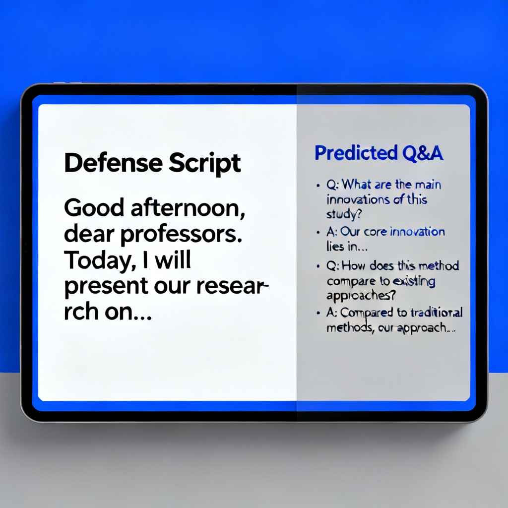 A screenshot mockup of ChatPPT's 'Defense Assistant' feature, showing a slide with a generated script and a list of predicted Q&A.