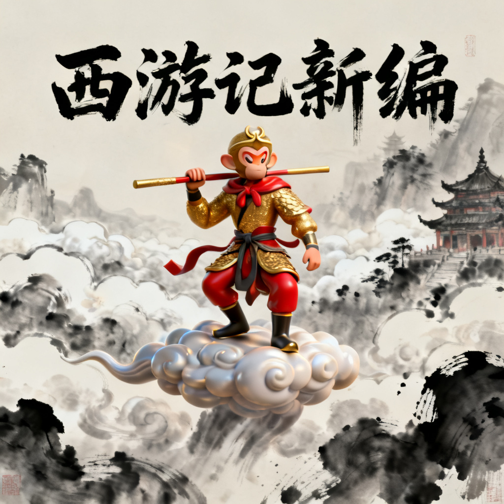一份演示文稿的封面页,采用“3D西游记风”风格,孙悟空与筋斗云以立体建模呈现,背景是水墨风格的云海与古建筑,标题“西游记新编”采用书法字体,整体色调为金、红、墨黑,带有光影渲染效果。