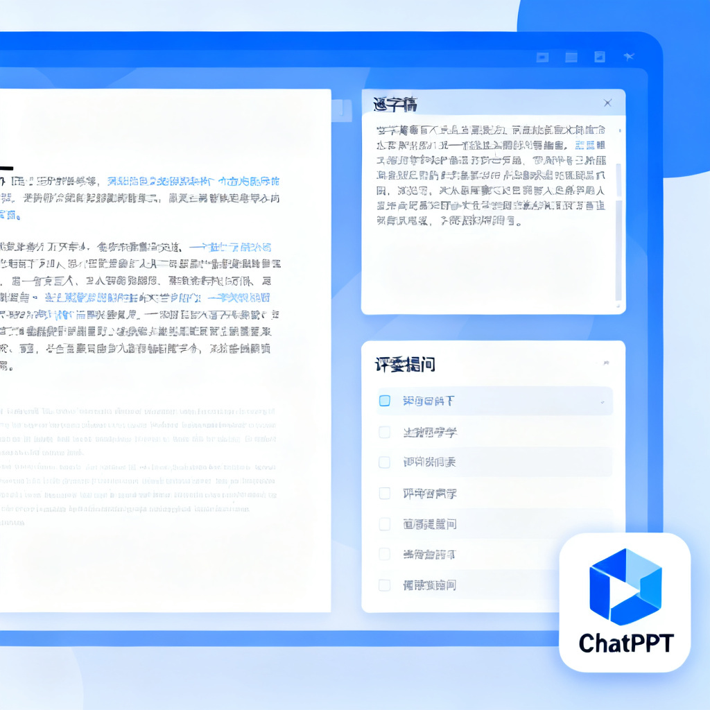 一个答辩场景界面，左侧是PPT页面，右侧是逐字稿文本和“评委提问”列表，背景为学术风格，ChatPPT的图标悬浮在右下角