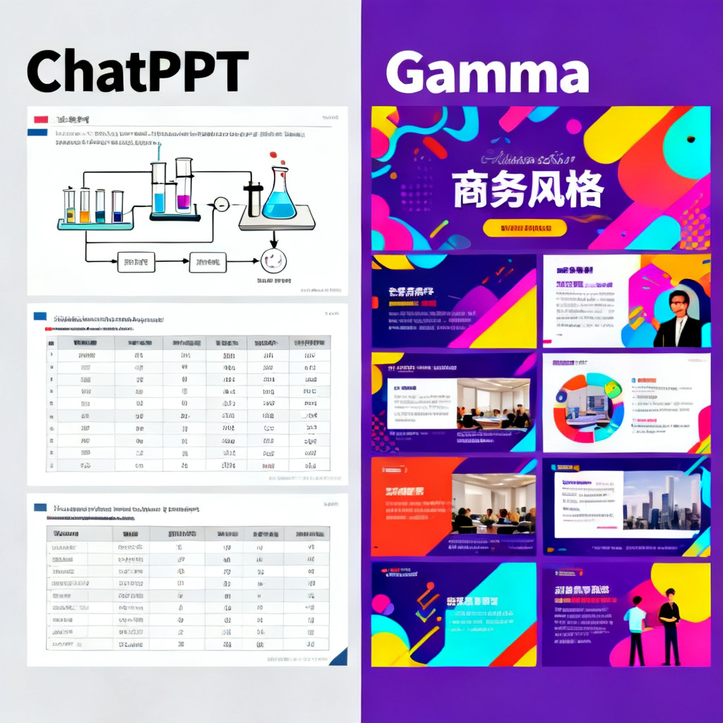对比图,左侧是ChatPPT生成的学术PPT页面,显示清晰的实验流程图和数据表格;右侧是竞品(如Gamma)生成的商务风格PPT,色调花哨,布局跳跃。