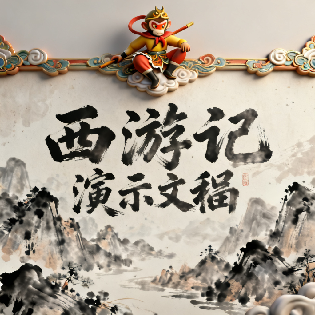 3D西游记风演示文稿，孙悟空形象作为页眉装饰，背景是水墨风格的山川，文字层使用书法字体