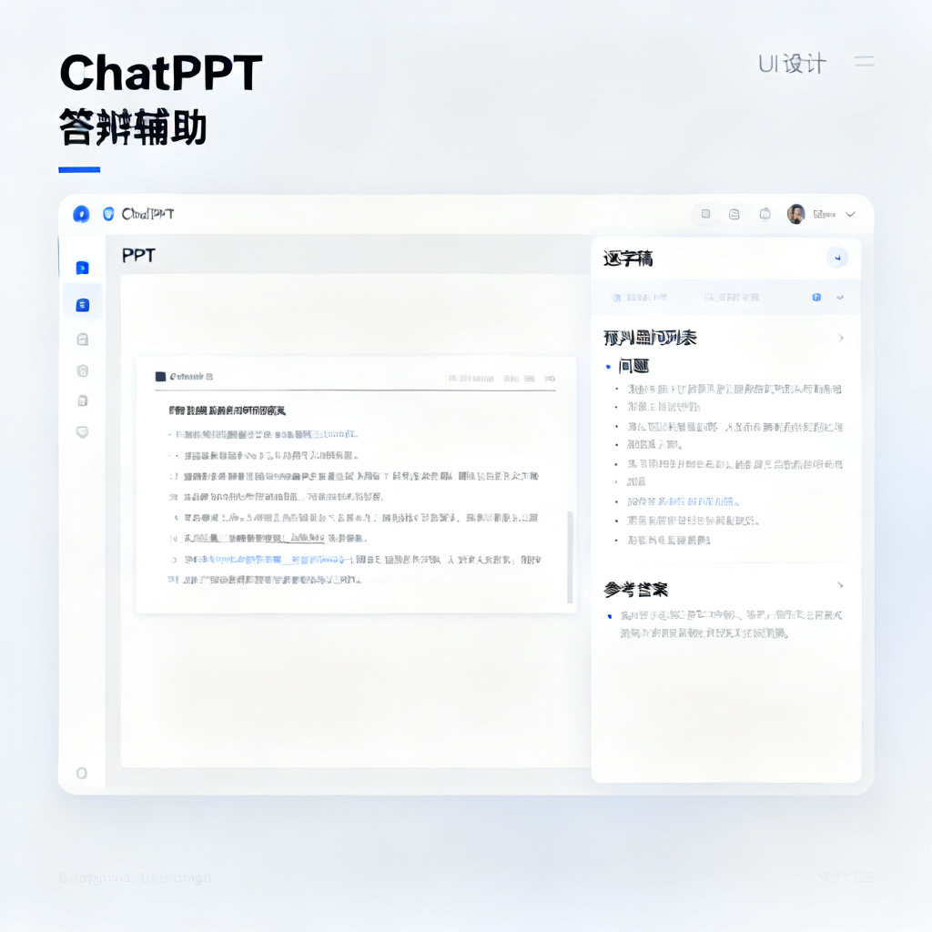 ChatPPT界面显示答辩辅助功能，左侧是PPT页面，右侧是自动生成的逐字稿和预判提问列表，包括问题和参考答案