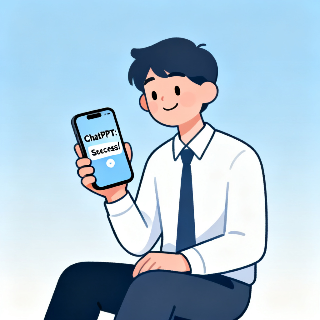 A happy student or professional checking their phone with a ChatPPT success notification, minimalist illustration.