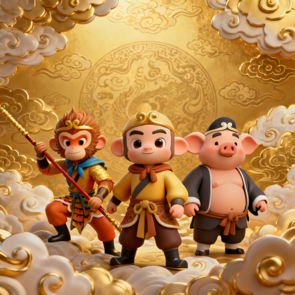 A 3D-style Journey to the West themed PPT slide, featuring cartoon-style characters (Monkey King, Pigsy, Sandy) rendered as 3D models, with a golden cloud background and traditional Chinese cloud patterns, combining ancient mythology with modern 3D rendering.