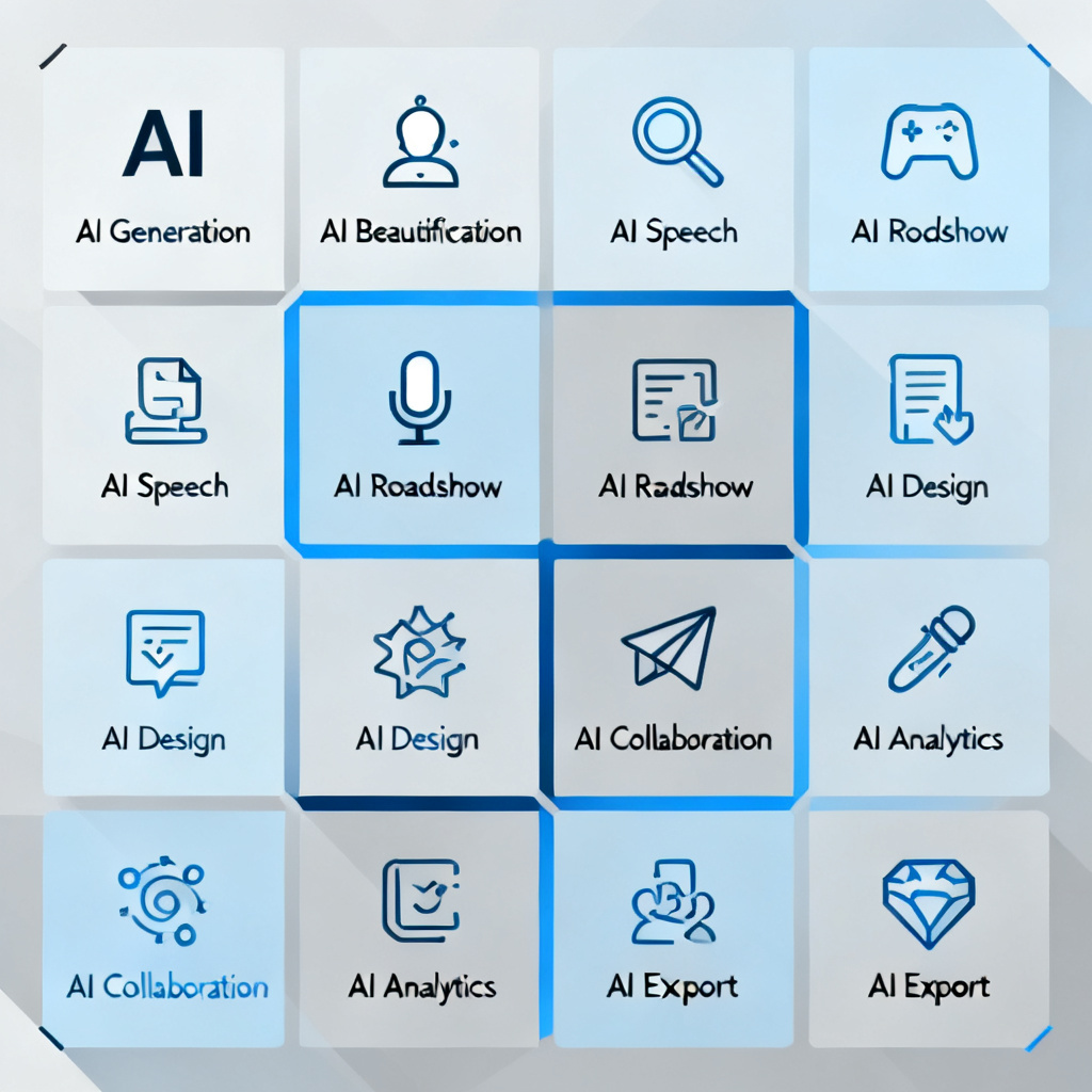 A sleek infographic showing 8 core modules of an AI presentation tool, including AI generation, AI beautification, AI speech, AI roadshow, in a clean corporate style