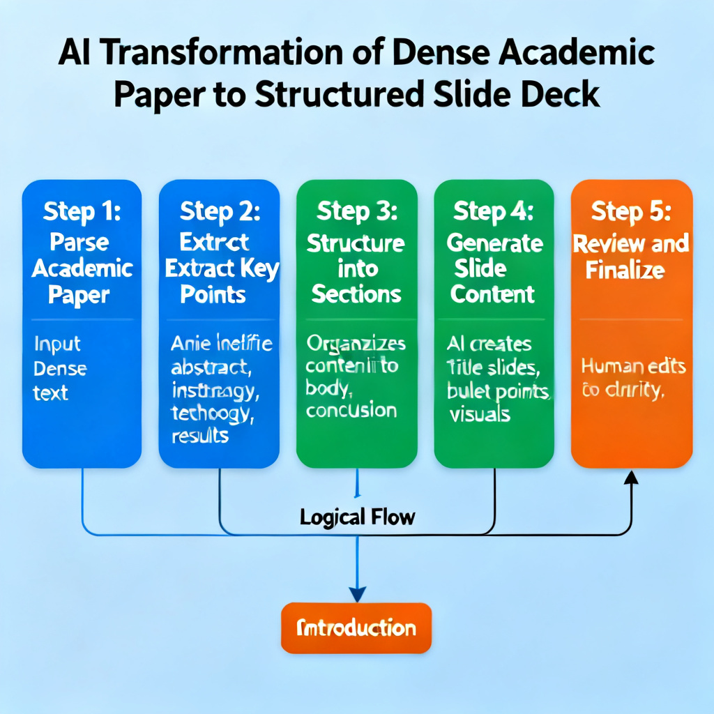 A detailed diagram showing how AI transforms a dense academic paper into a structured slide deck, with arrows indicating logical flow from introduction to conclusion