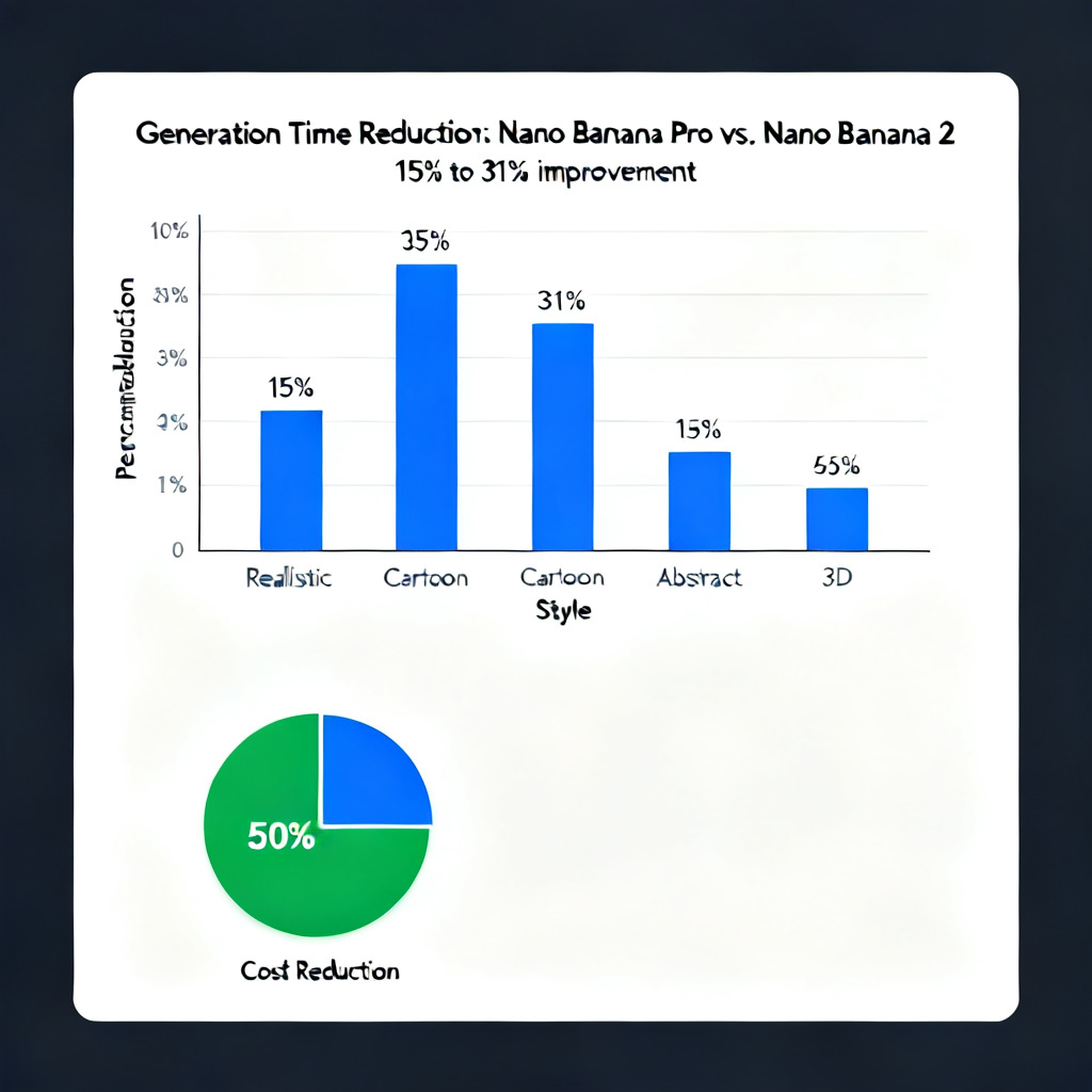 A comparative bar chart showing generation time reduction from Nano Banana Pro to Nano Banana 2, with 15% to 31% improvement across different style categories, a pie chart showing cost reduction by 50%, both charts with clear labels and professional styling.