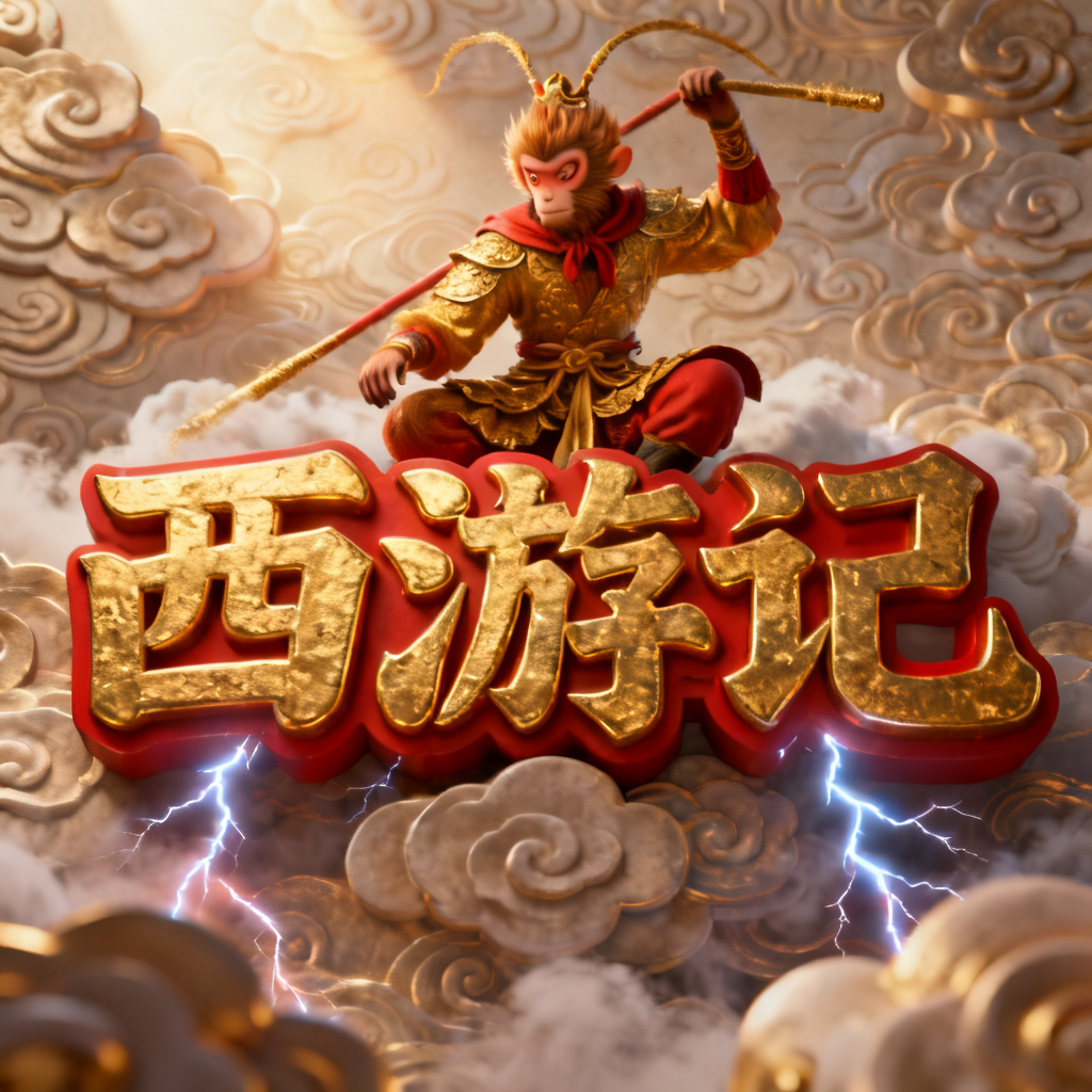 3D西游记风演示文稿，孙悟空腾云驾雾，金色与红色主色调，立体浮雕字体，祥云纹理背景，光影层次丰富，动态闪电特效融入静态页面
