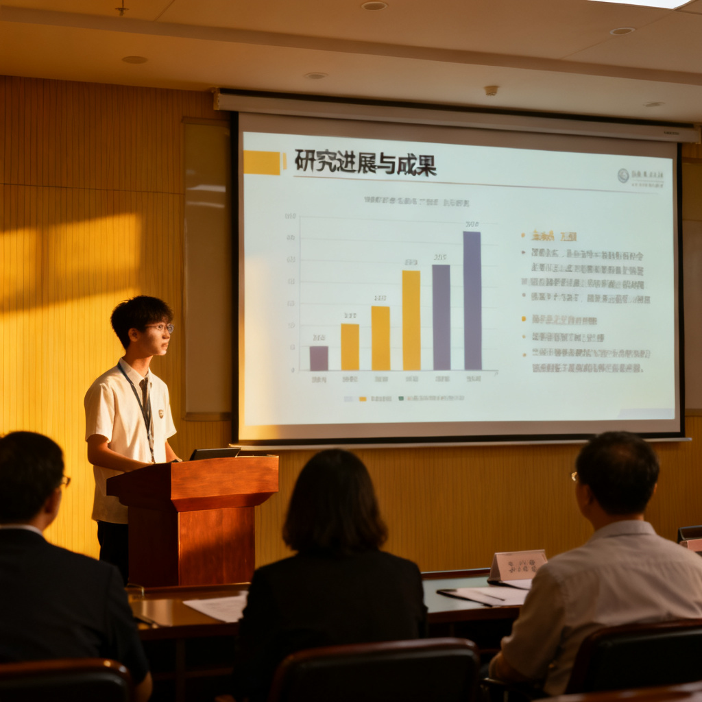 一张答辩现场的氛围图，一位学生站在讲台前，投影幕布上显示一份逻辑清晰的PPT（标题、图表、要点），台下评委专注听讲。画面光线柔和，突出自信与从容的氛围。