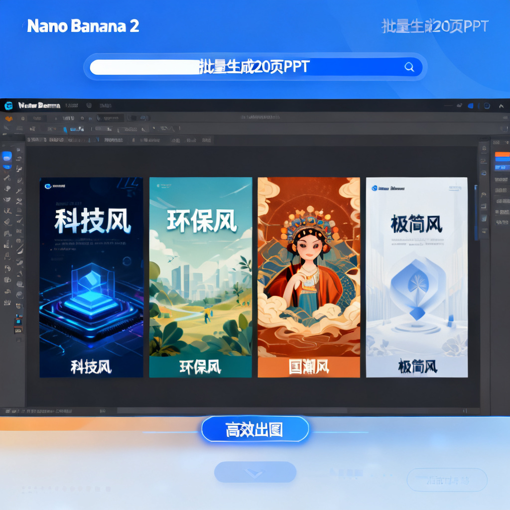 展示Nano Banana 2高效出图，批量生成20页不同风格的PPT，包括科技风、环保风、国潮风、极简风，每页保持高质量与可编辑性