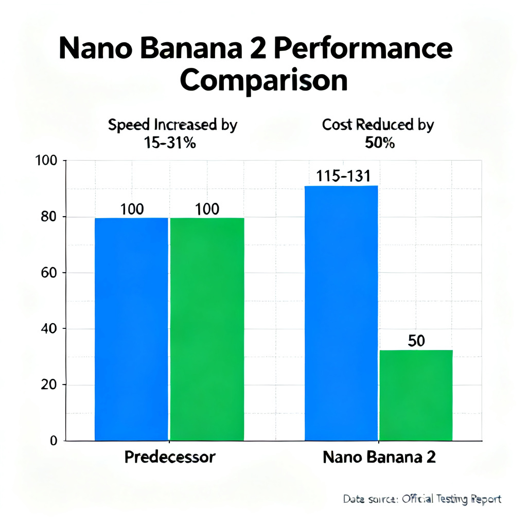 A comparison chart showing the speed and cost improvements of Nano Banana 2 over its predecessor: speed increased by 15-31% and cost reduced by 50%, with a bar graph illustrating the difference.