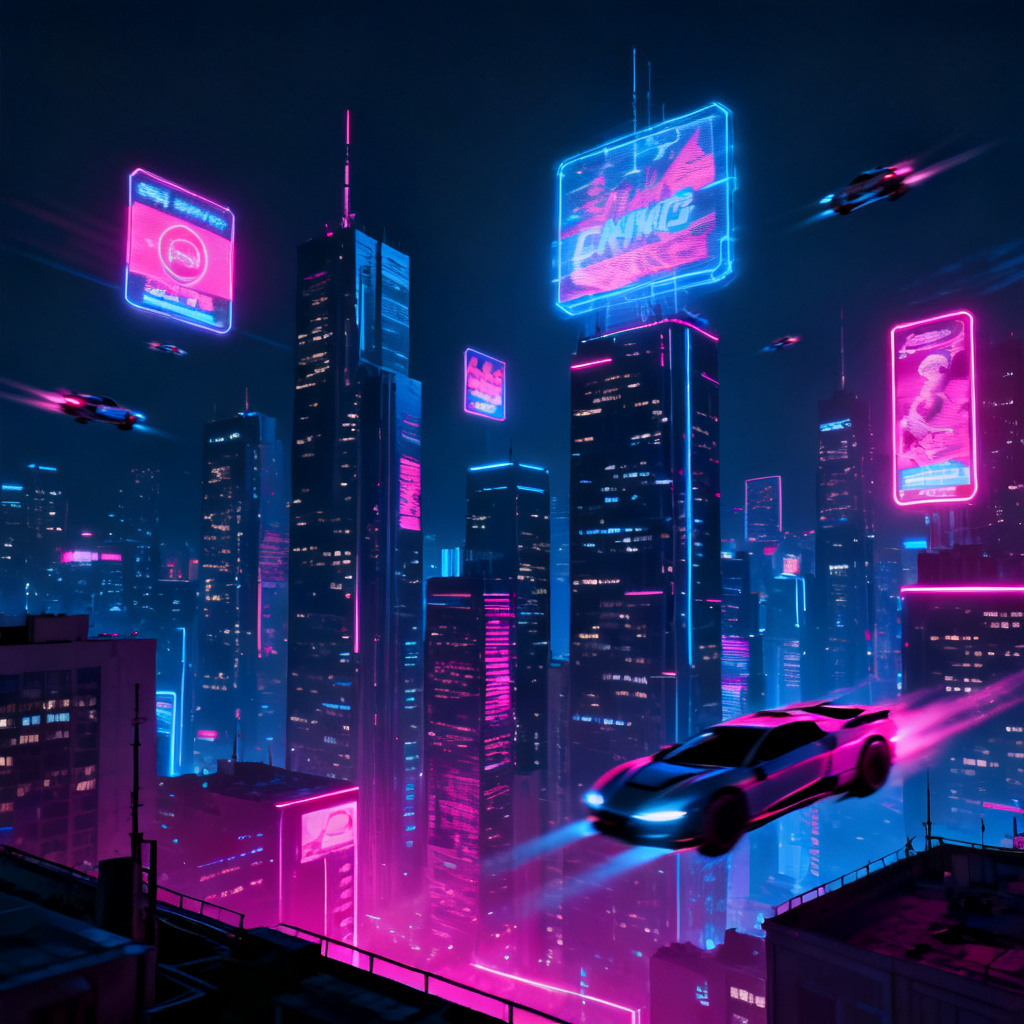 A neon-lit cyberpunk city skyline at night, with holographic advertisements and flying vehicles, rendered in a dark blue and magenta color palette, 4K resolution, cinematic lighting.