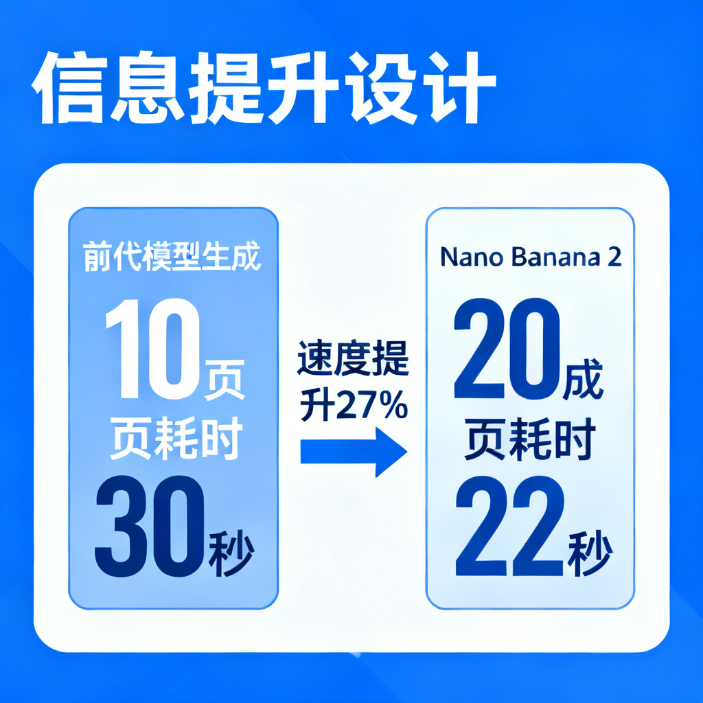 一张展示Nano Banana 2速度对比的图表，左侧显示前代模型生成10页耗时30秒，右侧显示Nano Banana 2生成10页耗时22秒，并标注“速度提升27%”
