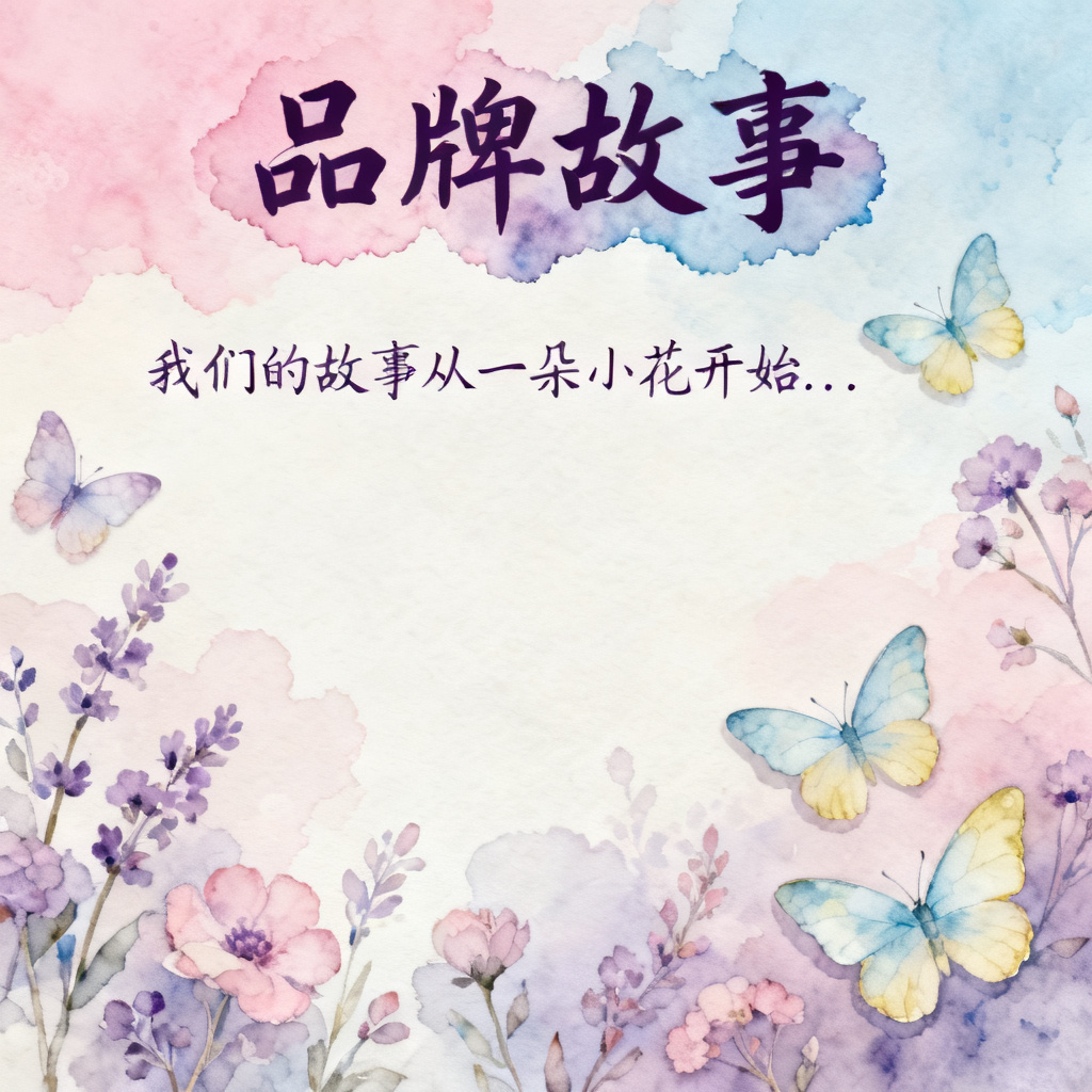梦幻水彩风格的品牌故事页面,背景是渐变色水彩晕染,文字使用手写艺术字体,装饰元素为花草和蝴蝶,整体色调柔和,带有梦幻和浪漫的氛围。