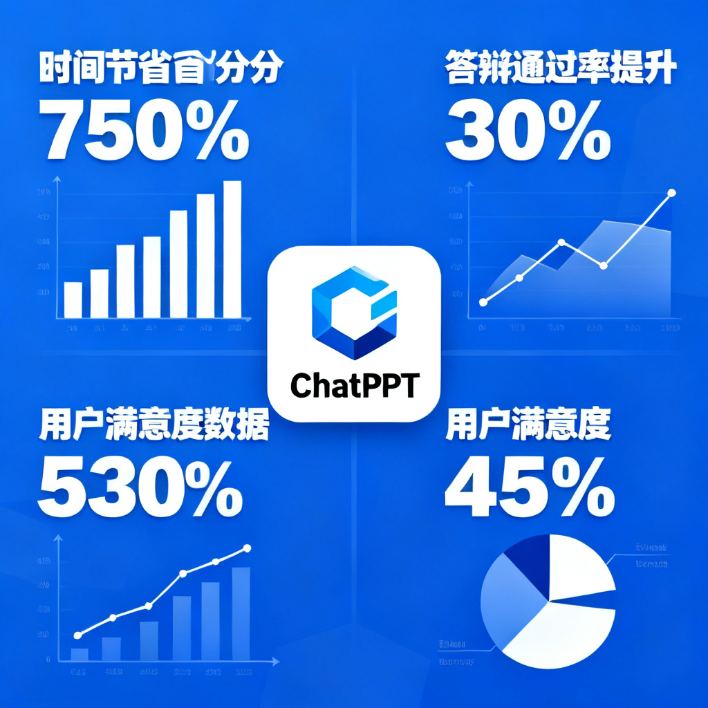 一张信息图，展示时间节省百分比、答辩通过率提升和用户满意度数据，中央为ChatPPT logo，背景为学术蓝
