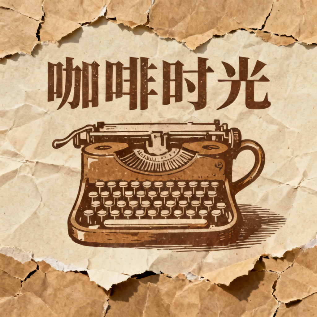 牛皮纸贴画风格产品介绍页，背景为手工撕裂的牛皮纸纹理，主图是手绘风格的咖啡杯，搭配复古打字机字体，暖棕色与米色配色，带有阴影与折痕效果