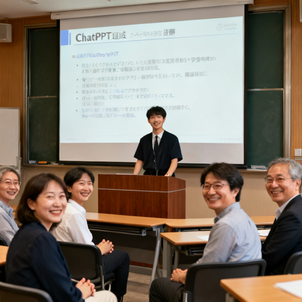 答辩现场，学生自信地站在讲台上，大屏幕显示由ChatPPT生成的PPT，台下评委微笑点头