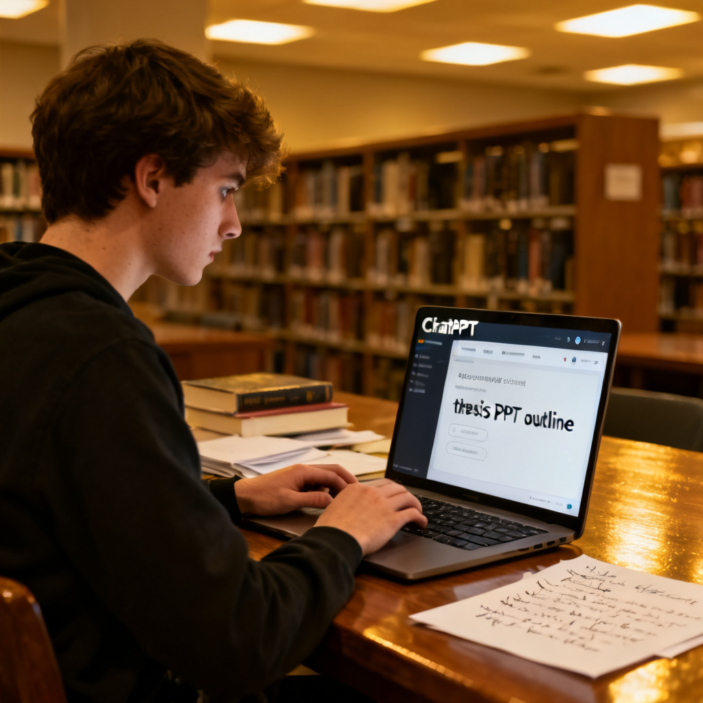 A student sitting at a desk in a university library, looking at a laptop screen showing the ChatPPT interface with a generated thesis PPT outline. Books and papers are scattered on the desk. The mood is focused and productive.