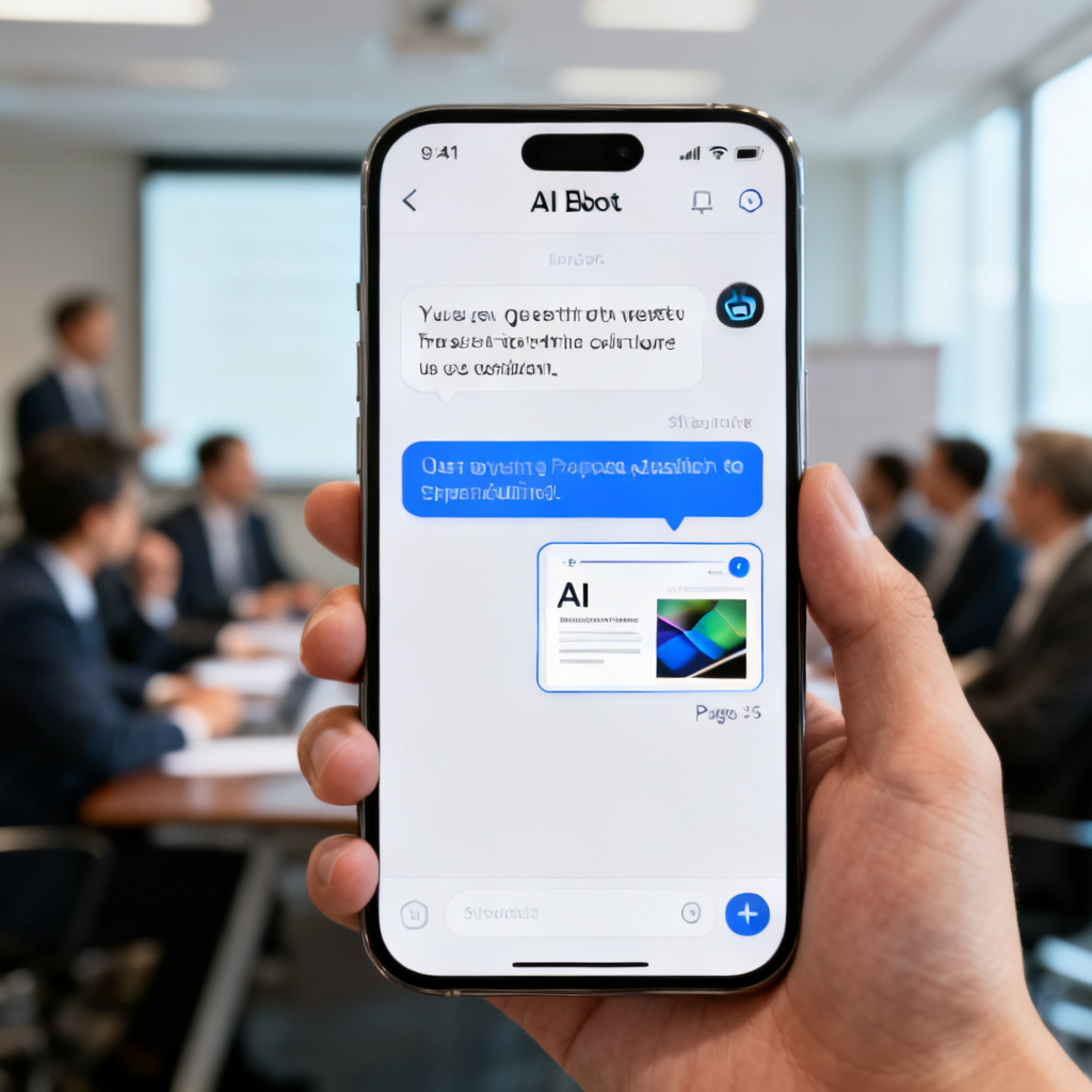 A close-up of a smartphone screen showing an AI chatbot interface, with a user asking a question and the AI response highlighting a specific slide number and page thumbnail. The background is blurred with a business meeting in progress. Style: clean, app-like, high contrast, 8K.