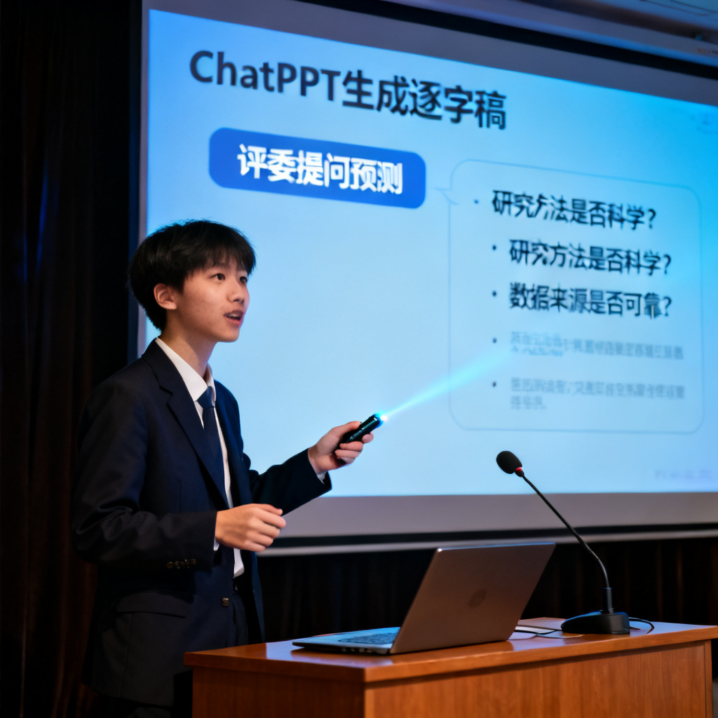 一位学生在答辩台上演讲，背后屏幕显示ChatPPT生成的逐字稿和评委提问预测，风格写实