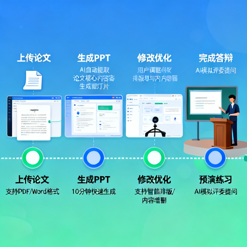 一张信息图,展示ChatPPT用户从上传论文到完成答辩的流程,时间线缩短,标注关键节点